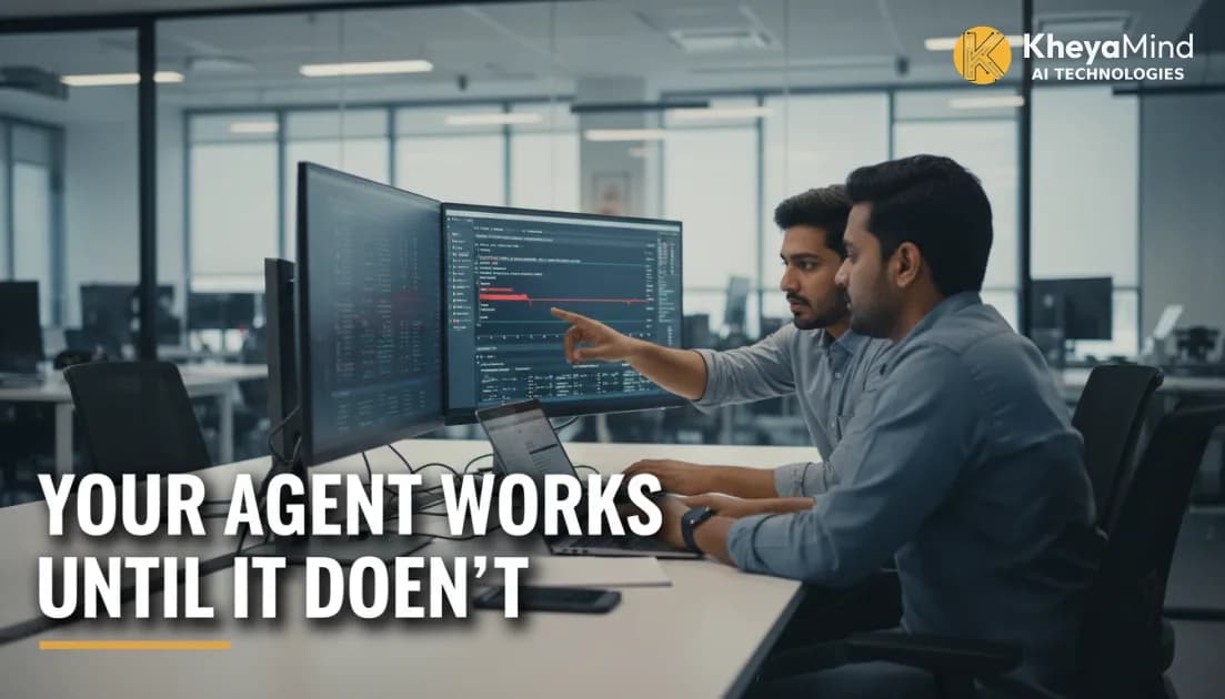 Indian software engineers reviewing AI agent pipeline logs on large monitors in a Bengaluru tech office, production dashboard visible
