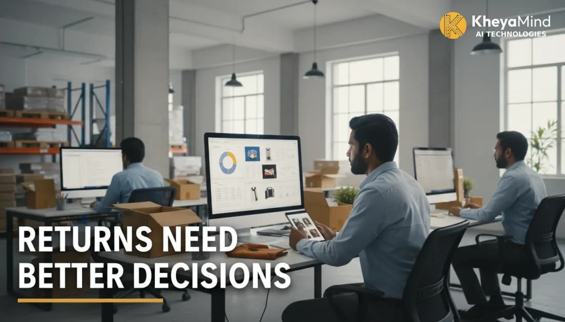 Indian D2C operations manager reviewing an AI returns management dashboard beside apparel parcels